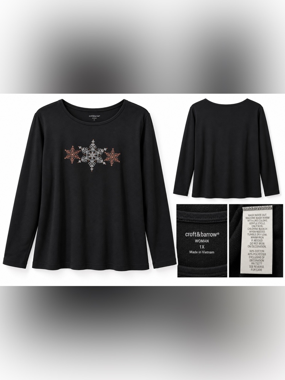 Croft & Barrow Black Snowflake Embellished Top – Women’s 1X